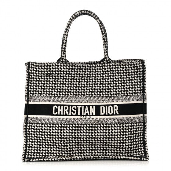 CHRISTIAN DIOR Canvas Embroidered Houndstooth Book Tote Black White | Fashionphile