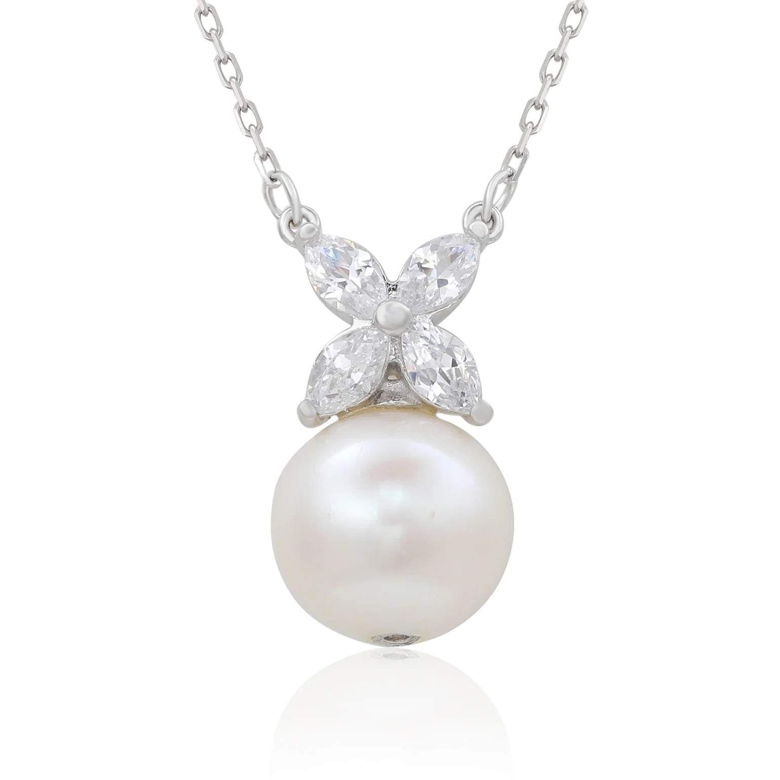 Suzy Levian Sterling Silver Pearl & White Sapphire Marquise Cluster Ne | SUZY LEVIAN