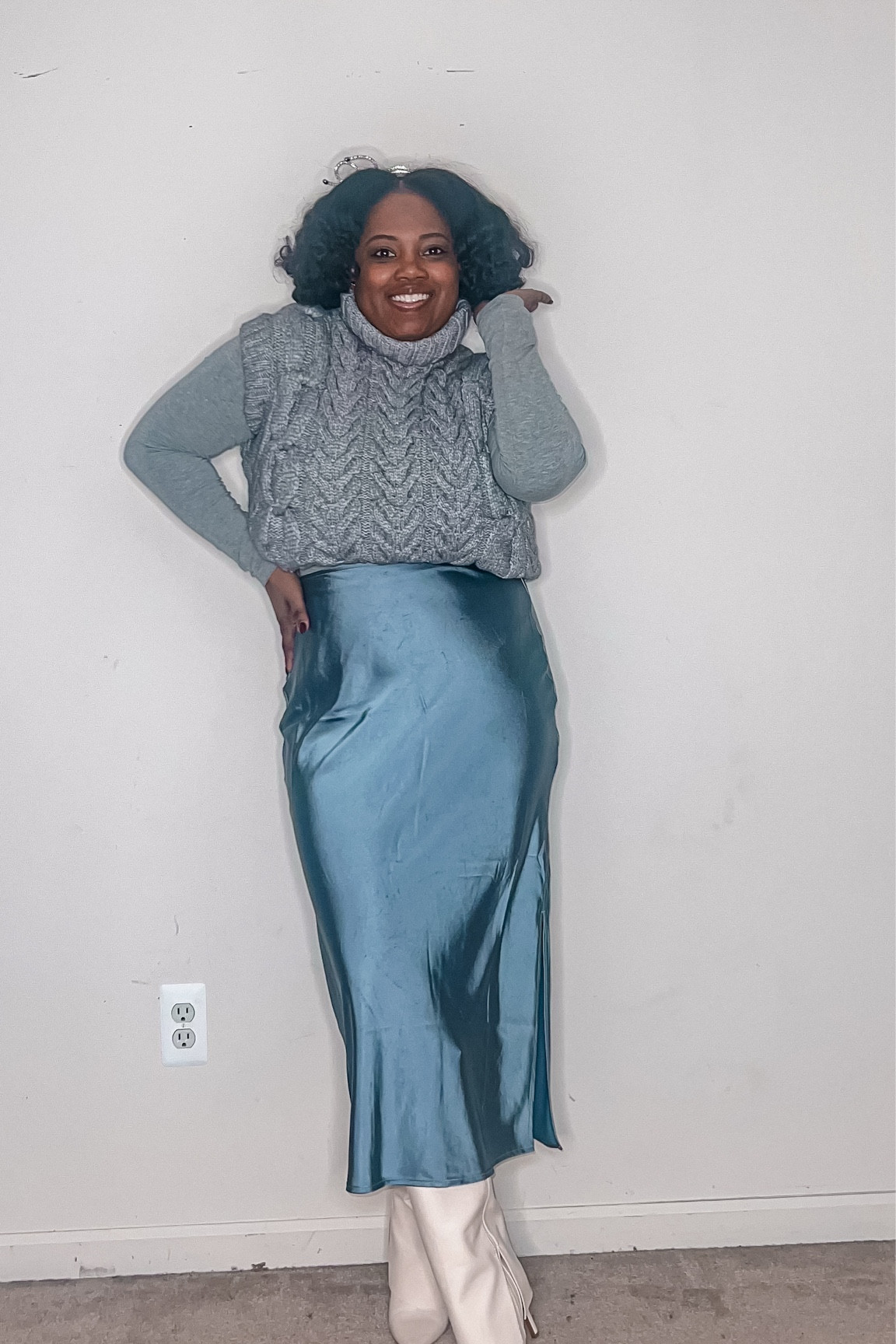 Merry Christmas ! 🎄✨ Bringing cozy and chic vibes with this gray and light blue holiday look. A satin midi skirt paired with a chunky gray sweater—perfect for festive gatherings or quiet celebrations. 💙 What’s your holiday outfit vibe this year? Let me know below! 🎁❄️ #OOTD #HolidayStyle #MerryChristmasEve”

SEO-Optimized Hashtags:

#ChristmasEveOutfit, #HolidayOOTD, #ChicHolidayStyle, #CozyAndChic, #BlueAndGrayLook, #SatinMidiSkirt, #HolidayFashionInspo, #ChristmasOutfitIdeas, #FestiveStyle, #LuxeHolidayLook, #AffordableLuxuryFashion, #WinterStyle2024, #HolidayWardrobeInspo

#LTKOver40 #LTKHoliday #LTKSeasonal