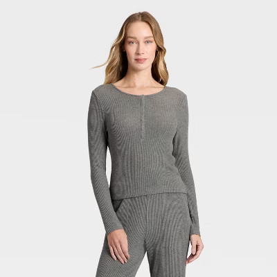 Women's Cozy Ribbed Long Sleeve Henley Pullover - Auden™ Dark Gray XL | Target