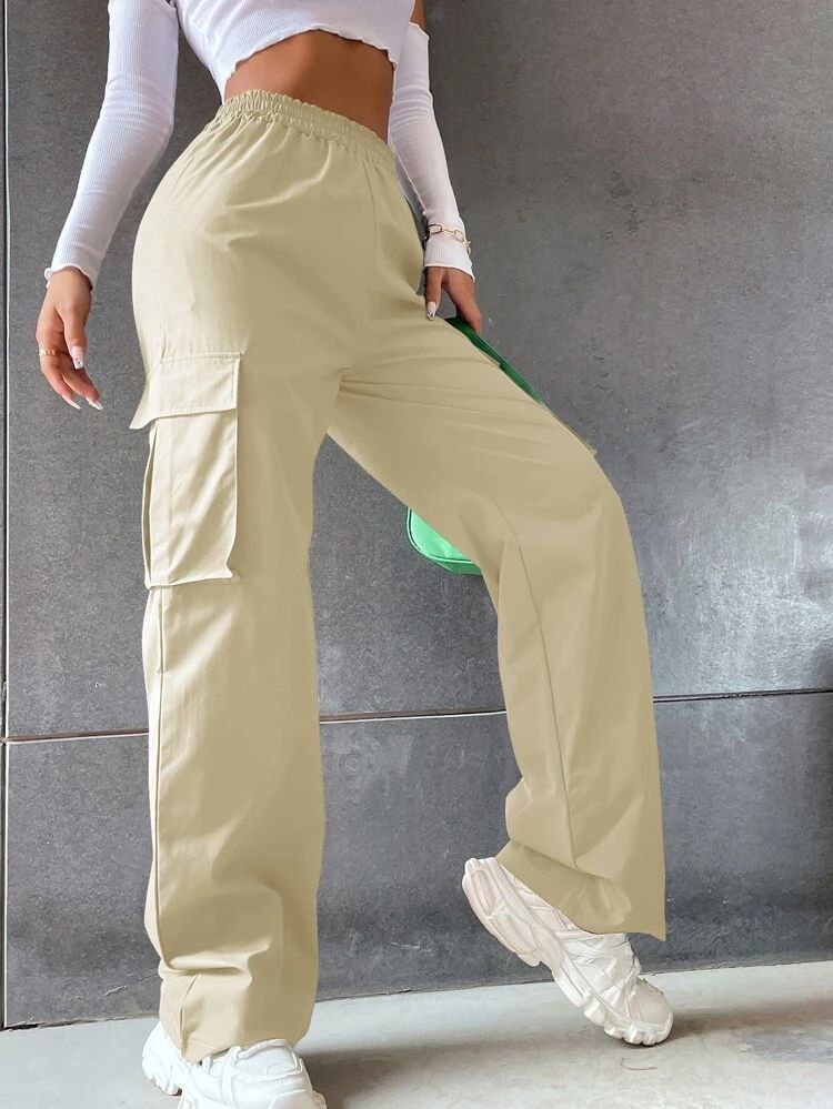 Solid High Waist Flap Pocket Cargo Pants | SHEIN