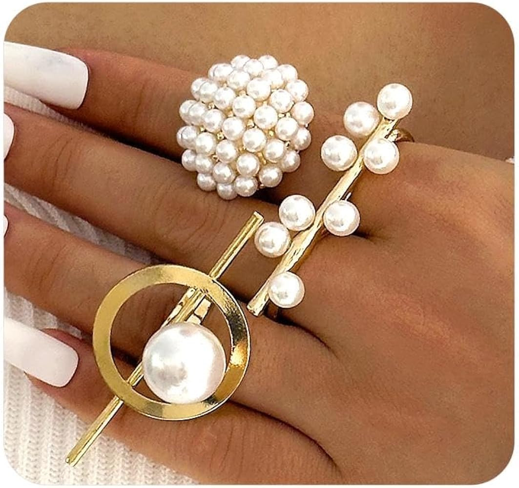 Rrdaily Gold Silver Plated Chunky Geometric Pearl Rings Set,Adjustable Dome Stacked Knuckle Finge... | Amazon (US)
