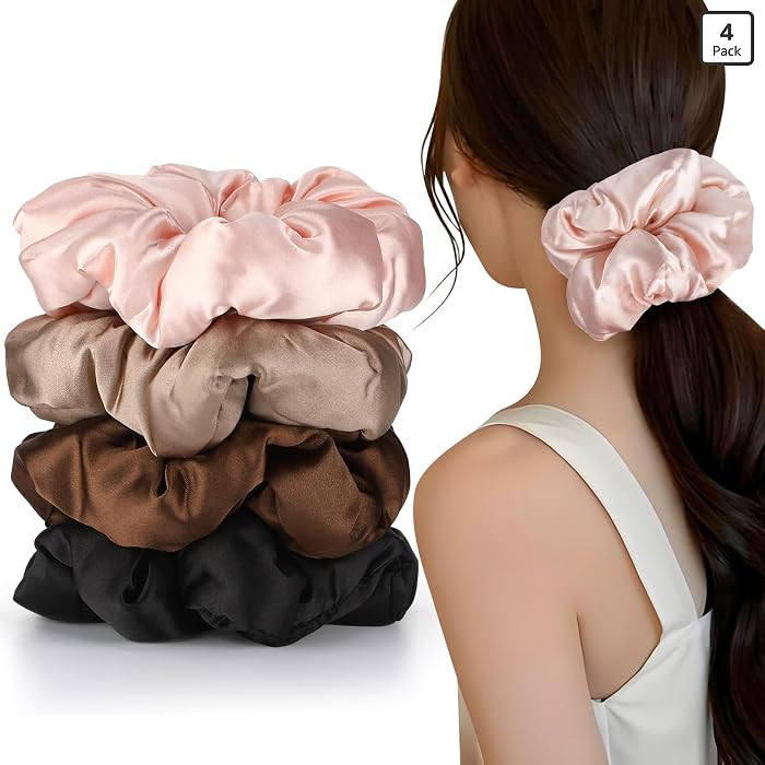 4Pcs Large Satin Hair Scrunchies, Big Pillow Scrunchies for Women Girls Silk Sleepy Scrunchie Pon... | Amazon (US)
