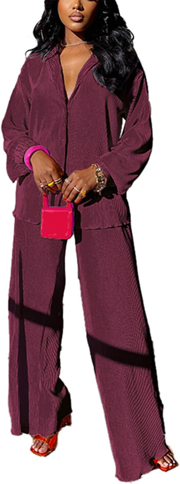 kaimimei Casual 2 Piece Outfit for Women - Linen Long Sleeve Button Down Shirt + Flare Pleated Wi... | Amazon (US)