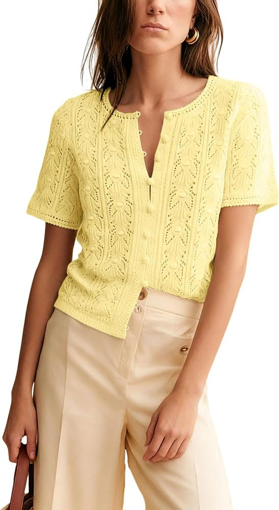 Bianstore Womens Casual Short Sleeve Crochet Knit Cardigans Lightweight Button Down Hollow Out Sw... | Amazon (US)