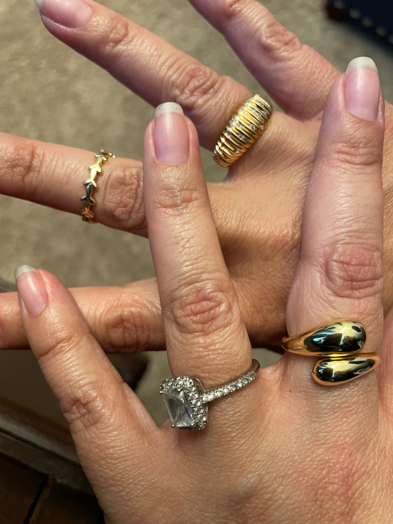 Mixing metal colors never goes out of style. Gold plated rings from Amazon. Silver promise ring is from Zales, linked poshmark exact ring & linkef similar.

#LTKStyleTip