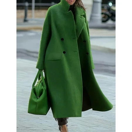 Women's Green Wool-Blend Double-Breasted Oversized Long Coat Chic Winter Outerwear | Walmart (US)