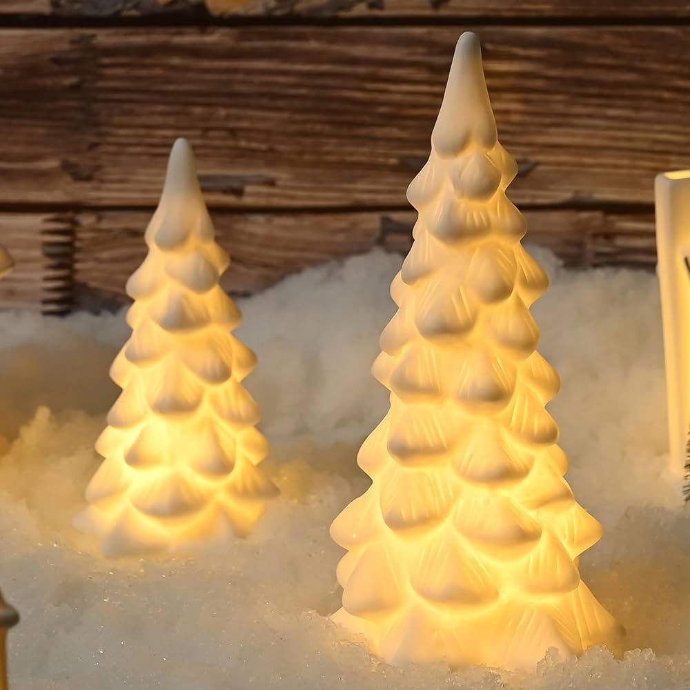 White Ceramic Christmas Trees, 2Pcs Light Up Porcelain Christmas Tree, Matte White Small Xmas Tree with Lights, Tabletop Tree Figurines for Modern Home Decoration, DIY Village | Amazon (US)