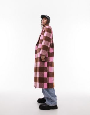 Topshop long-line brushed formal coat in pink check | ASOS (Global)