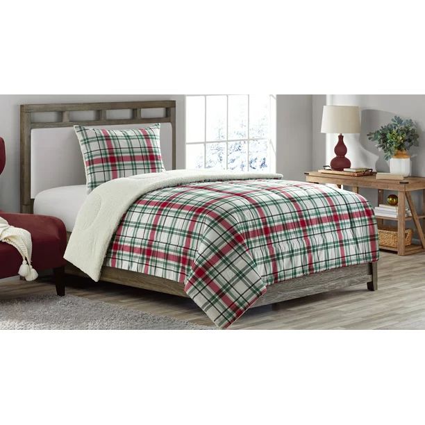 Mainstays Reversible to Sherpa Comforter Set, Full/Queen, Holiday Plaid - Walmart.com | Walmart (US)