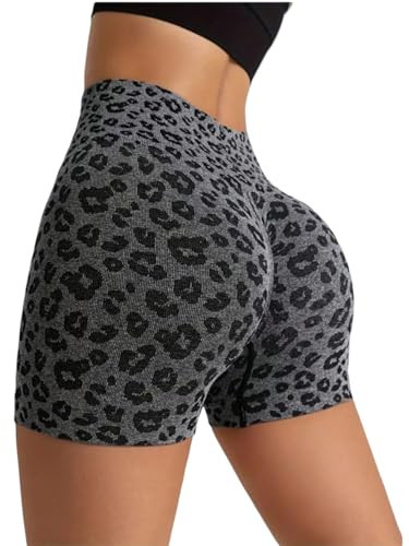 WDIRARA Women's Leopard Print High Waisted Workout Shorts Athletic Gym Running Yoga Shorts Dark Grey Medium | Amazon (US)