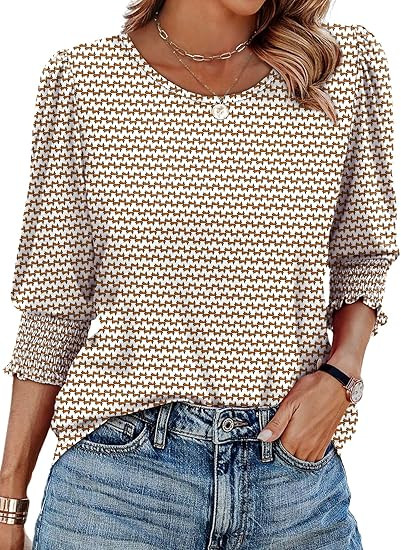 XIEERDUO Blouses for Women Dressy Casual 3/4 Length Sleeve Womens Tops with Smocked Cuffs | Amazon (US)