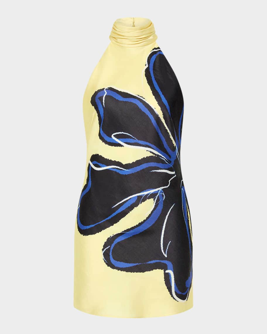 REBECCA VALLANCE Indigo Bloom Open-Back Halter Mini Dress | Neiman Marcus