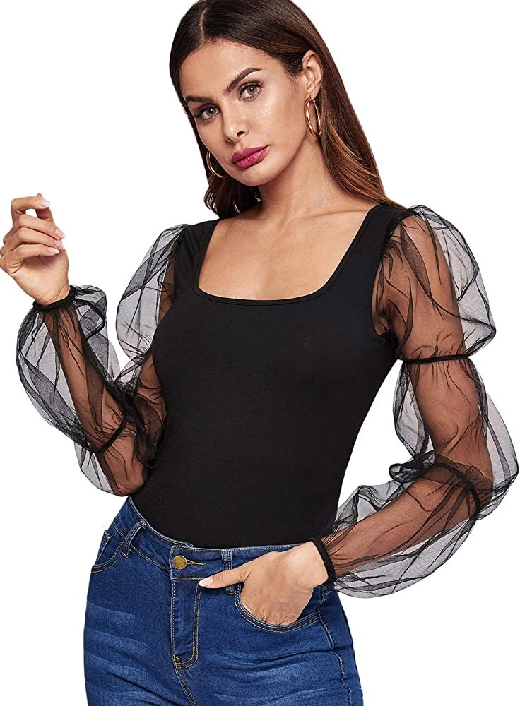 Romwe Women's Elegant Mesh Puff Sleeve Slim Fit Party Summer Crop Blouse Tops | Amazon (US)