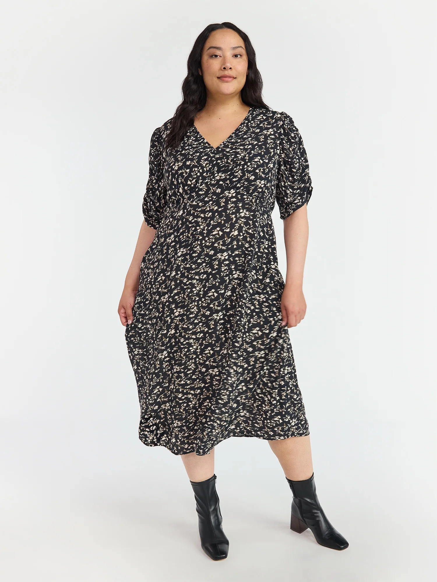 Time and Tru Women's Midi Dress with Ruched Sleeves, Sizes XS-XXXL | Walmart (US)