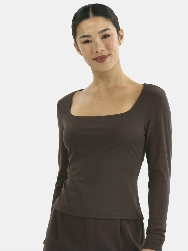 Avia Women's Square Neck Ribbed Long Sleeve Top, Sizes XS-XXXL | Walmart (US)