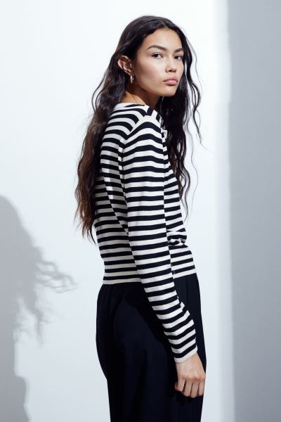 Fine-knit Cardigan - Black/striped - Ladies | H&M US | H&M (US + CA)