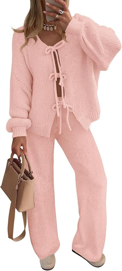 ZESICA Women's 2 Piece Outfits Lounge Pajama Sets 2026 Fall Long Sleeve Cardigans Wide Leg Pants ... | Amazon (US)