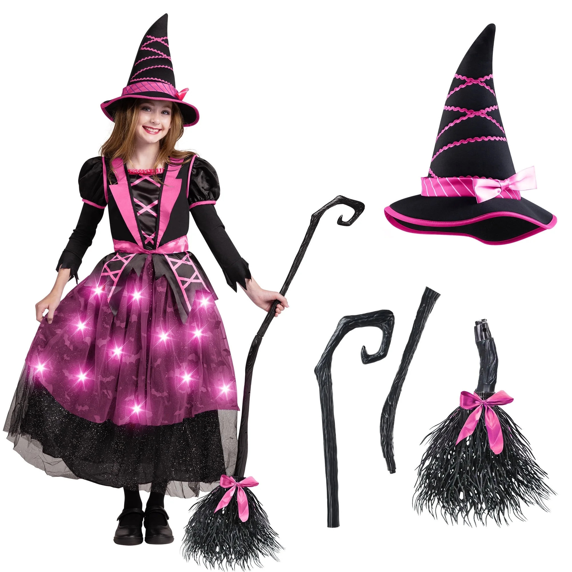 Joyfy Light Up Witch Costume Set for Girls, Starry Witch Dress with Broom Hat for Kids and Toddle... | Walmart (US)