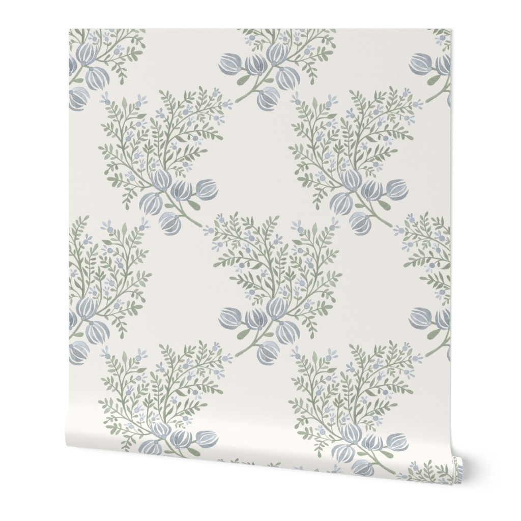 Soft Green AND BLUES on Cream EMMA FLORAL TOSS Wallpaper | Spoonflower | Spoonflower