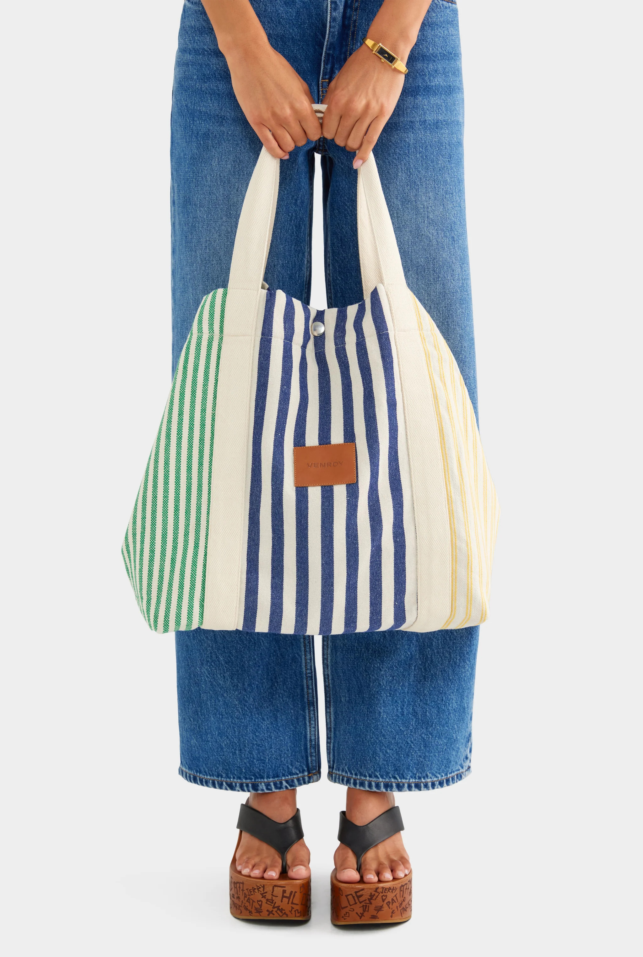 Stripe Canvas Tote Navy/Yellow/Green Stripe | Venroy | Venroy AU