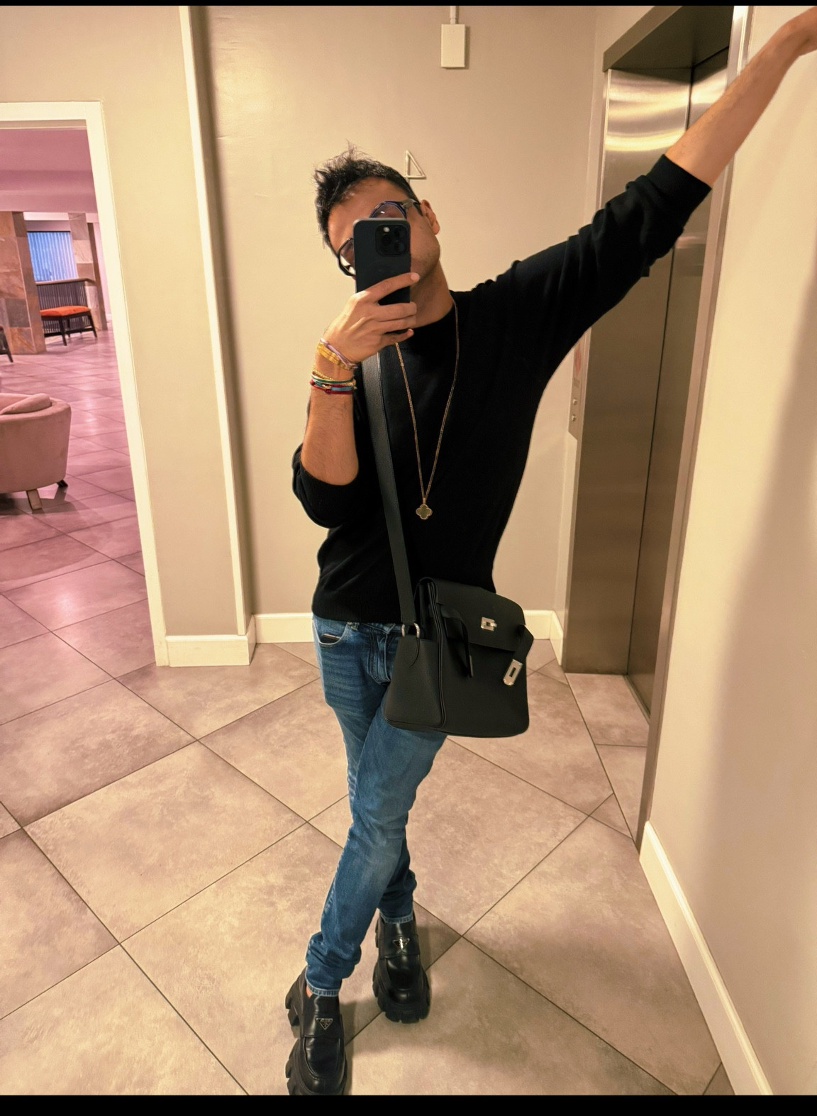 Happy Tuesday. Do we like the fit?  #ootd #fitcheck #dailyfit #mensfashion #mensstyle 
Bag: @hermes 
Shoes: @prada 
Jeans: @ysl 
Shirt: @bottegavenetaworld 
Necklace: @vancleefarpels 
Glasses: @tomford 

#LTKMens #LTKootd #LTKgrwm