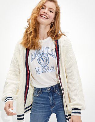 AE Oversized Cable Knit Button-Up Cardigan | American Eagle Outfitters (US & CA)