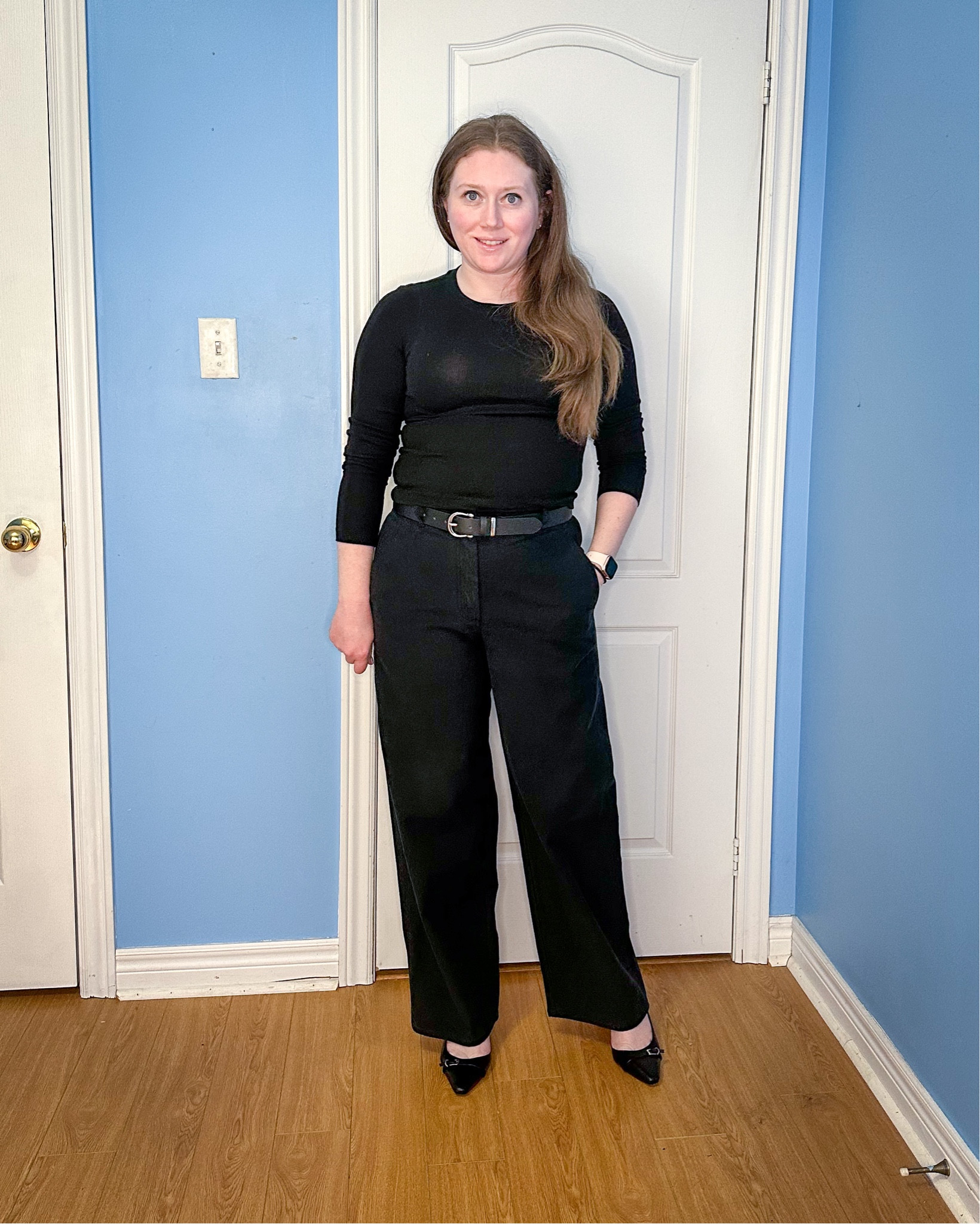 Simple Outfit for the Office. 

Pair a long-sleeved shirt, black belt, Aritzia wide-leg pants and slingback heels to complete this look.

Aritzia Wide Leg Pants - Ascendant Pant (Size 10)
Long Sleeve Top (Size M)
Belt (Size M/L)



#LTKworkwear #LTKstyletip #LTKmidsize