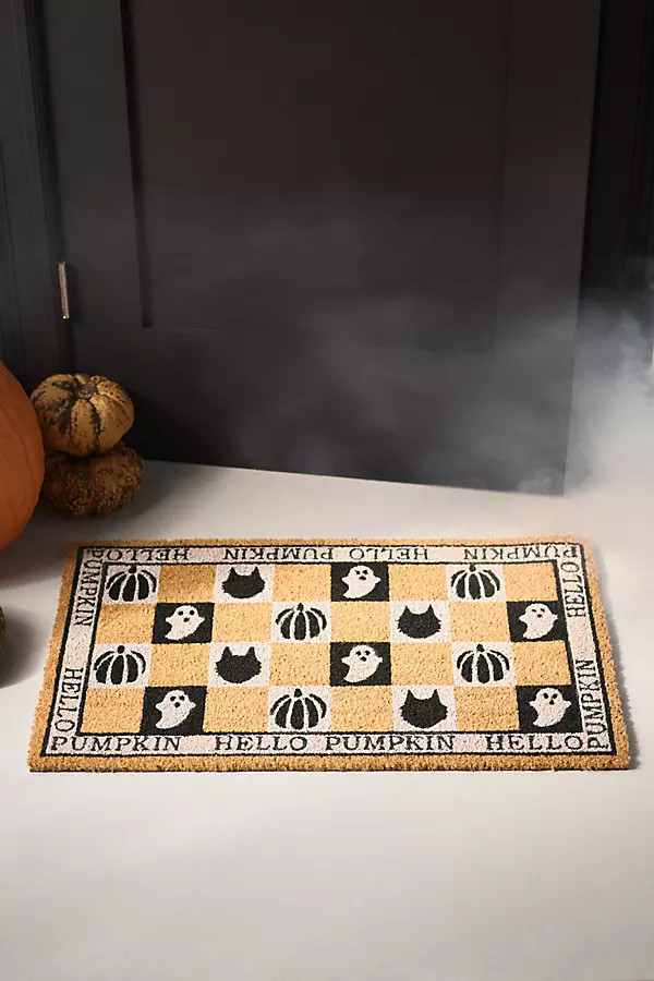 Hello Pumpkin Halloween Checkered Printed Coir Doormat | Anthropologie (US)