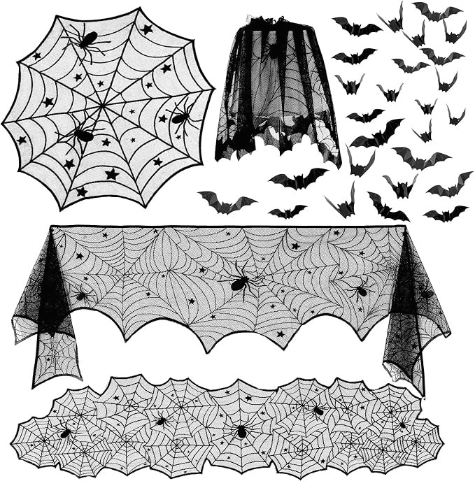 Amazon.com: 5 Pack Halloween Decorations Tablecloth Set, Black Lace Table Runner Round Spider Cob... | Amazon (US)