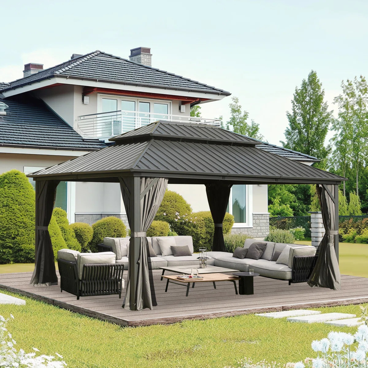 Galvanized Steel Patio Gazebo with Overhang Slope-design Double Roof | Wayfair North America