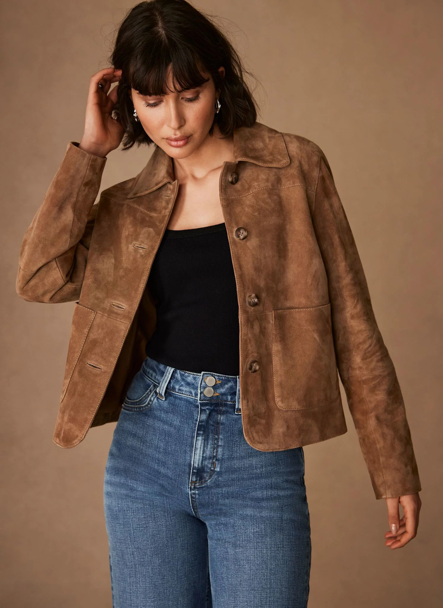 Tan Suede Pocket Detail Jacket | Mint Velvet