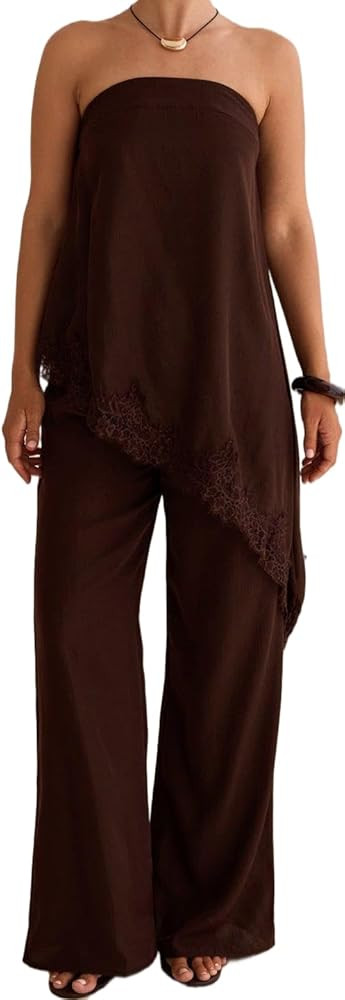 LILTWIST Women 2 Piece Satin Pants Set Halter Asymmetrical Tank Top & Lace Trim Pants Set Silk Go... | Amazon (US)