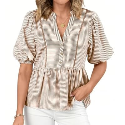 dowerme Womens Summer Tops 2026 Fashion Lantern Short Sleeve V Neck Butto… | Amazon (US)