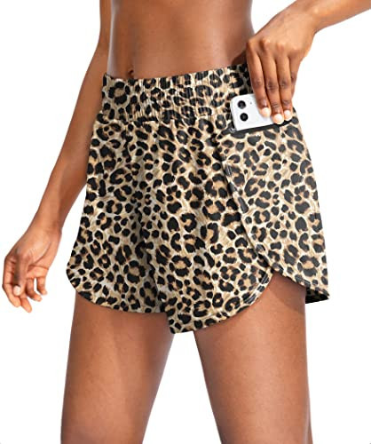 Soothfeel Womens Running Shorts with Zipper Pockets High Waisted Athletic Gym Workout Shorts for Women with Liner Brown Leopard | Amazon (US)