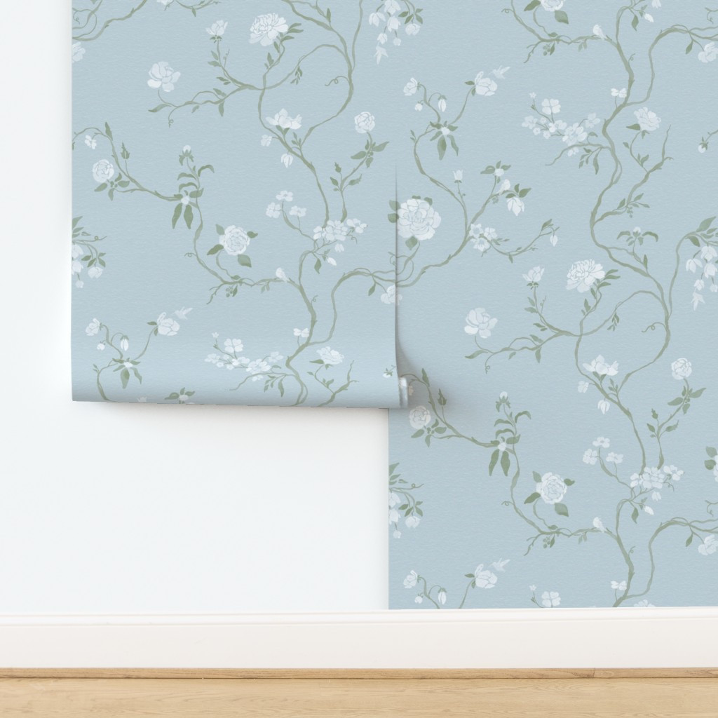 Extra Large Romantic Watercolor Floral Chinoiserie Vines in White on Blue Wallpaper | Spoonflower | Spoonflower