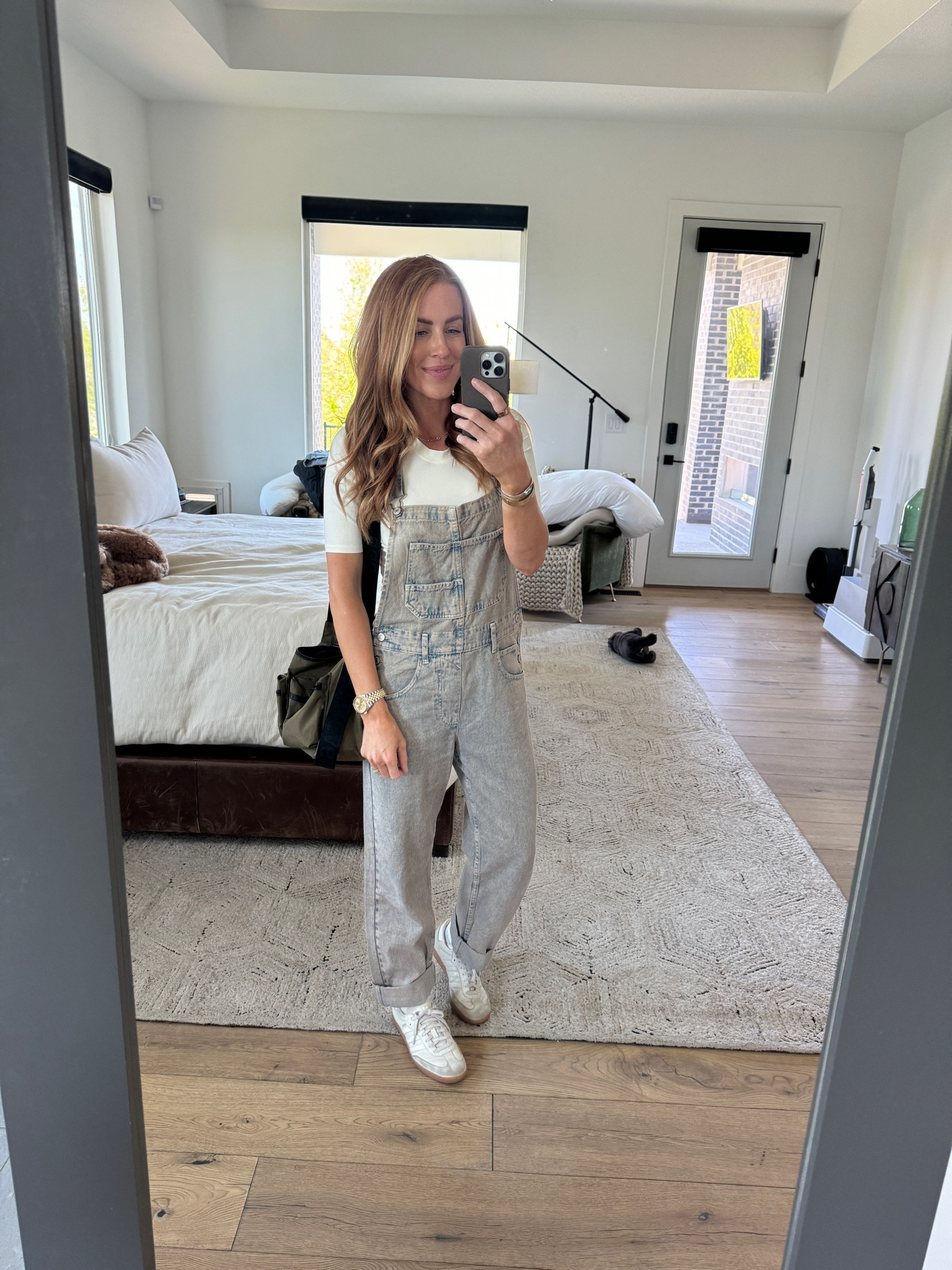 My overalls are the peach colorway.. size down. I’m wearing XS. Spanx ribbed bodysuit.. wearing true size. Sambas.. size down a full size. Cargo Baggu bag.. obsessed!! #FreePeople #ZiggyOveralls #Sambas #Spanx