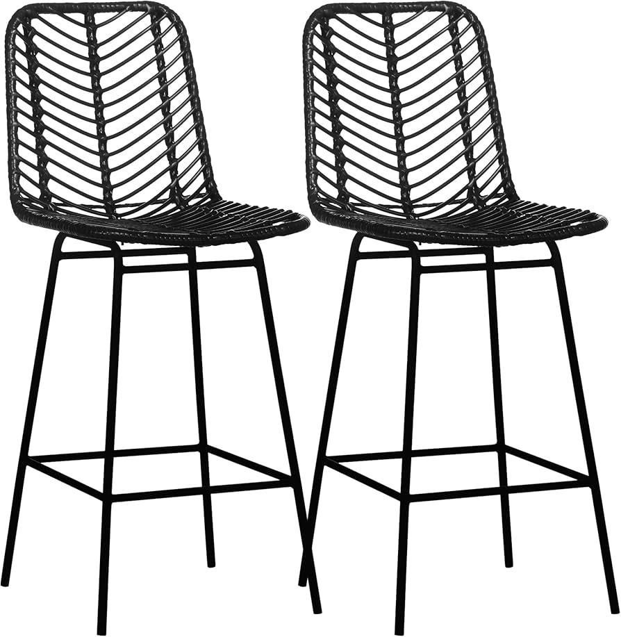 HOMCOM Rattan Bar Stools Set of 2, 26" Counter Height Barstools, Boho Kitchen Island Stools with ... | Amazon (US)