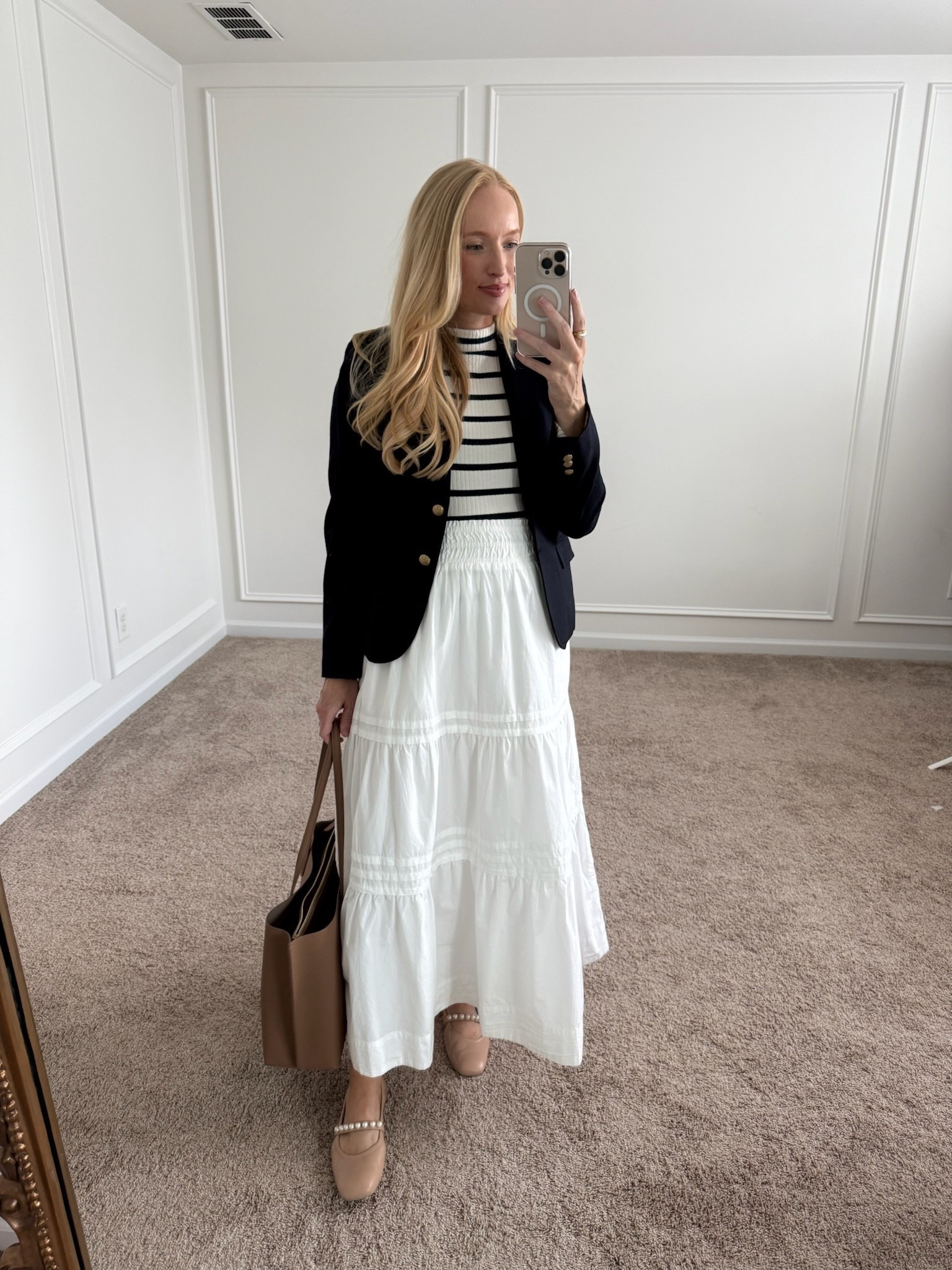 Classic workwear look styling a white midi skirt and navy blazer! I’ve reached for this skirt continuously this summer - it can be dressed up or down and is very bump friendly! Wearing a size small. My pearl flats are also very comfortable for work and currently on sale 40% off 

Summer outfit // bump friendly outfit // quince review // pearl flats // work tote bag 



#LTKSaleAlert #LTKStyleTip #LTKSeasonal