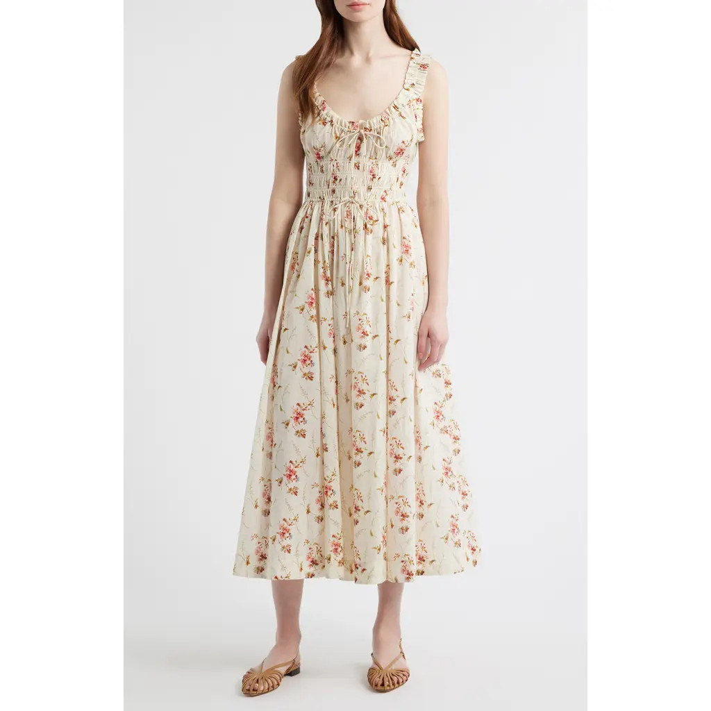 DÔEN Emmaretta Floral Shirred Organic Cotton Voile Dress in Blanc Prarie Rose at Nordstrom, Size Xx-Small | Nordstrom