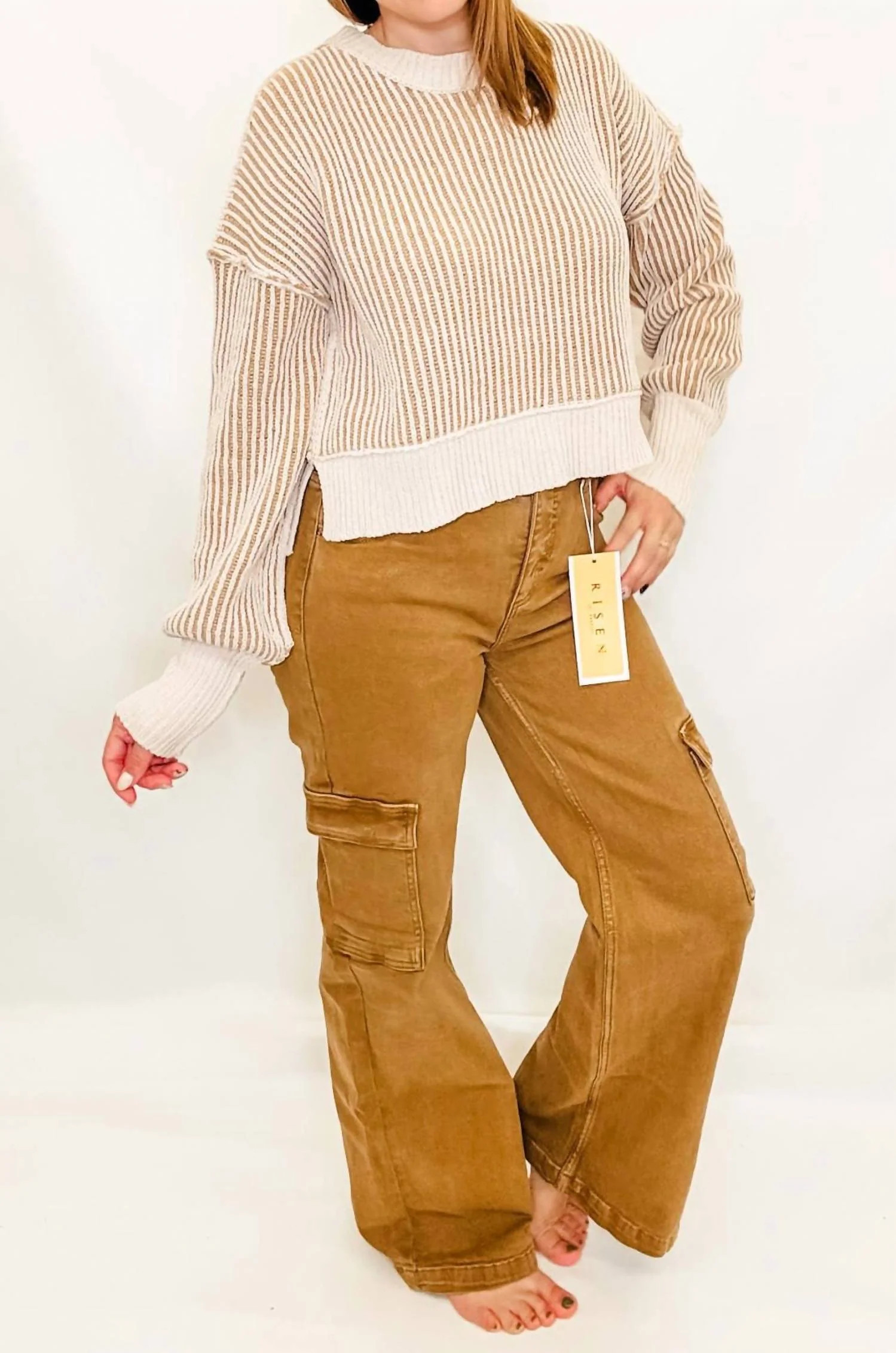 High Rise Wide Cargo Pocket Jeans In Mocha | Shop Simon