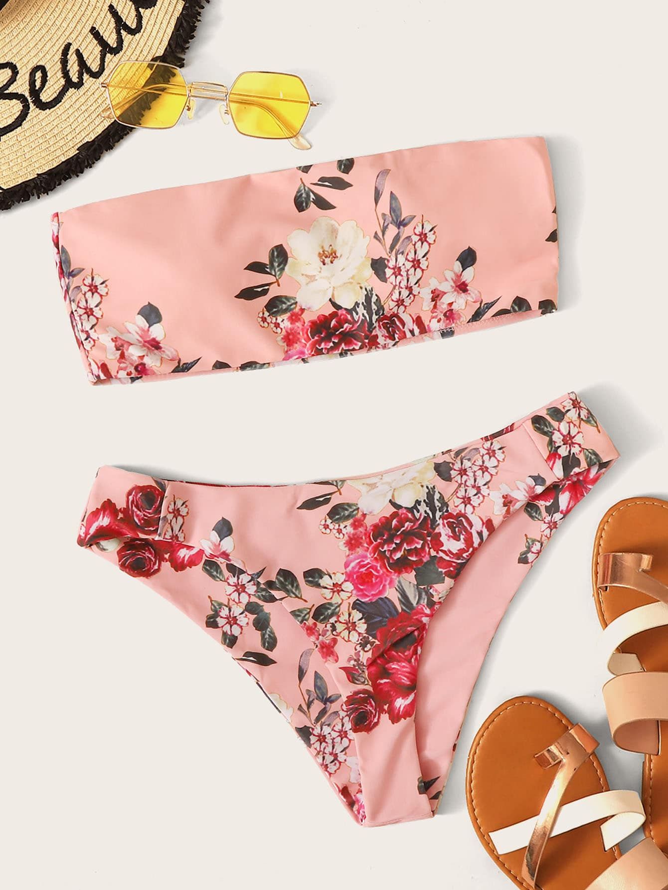 Floral Bandeau High Cut Bikini Swimsuit | SHEIN