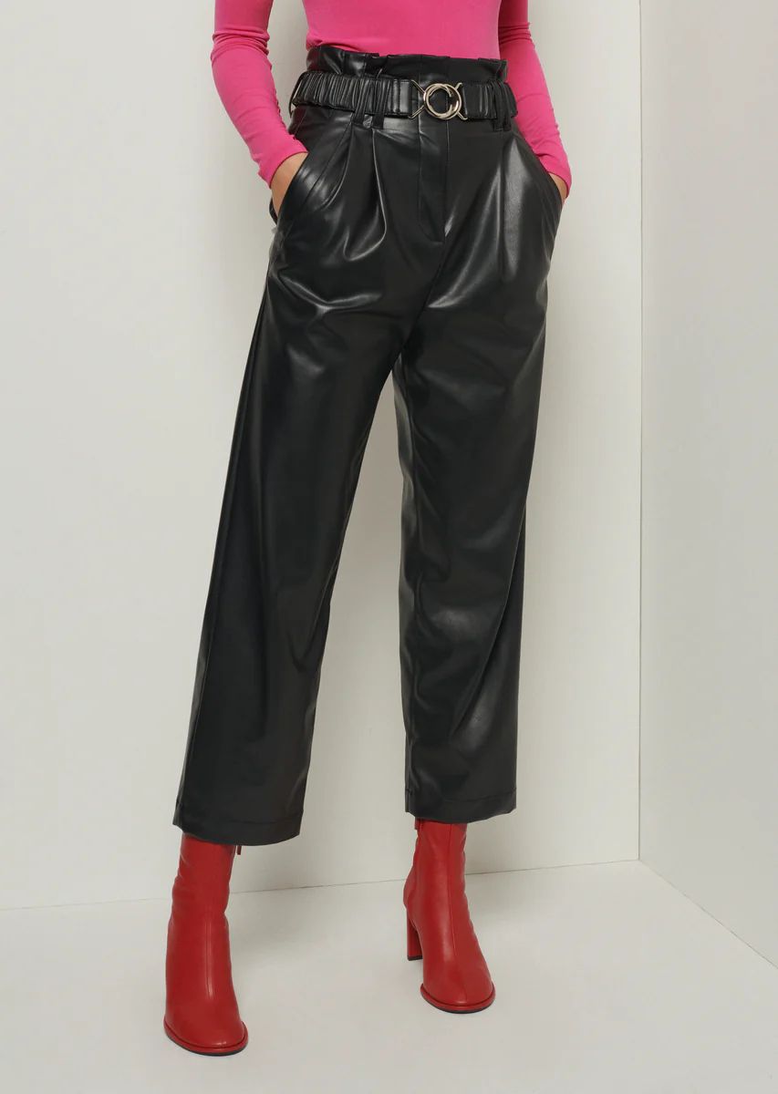 Atto Belted Paperbag Pants - Black Faux Leather | Derek Lam