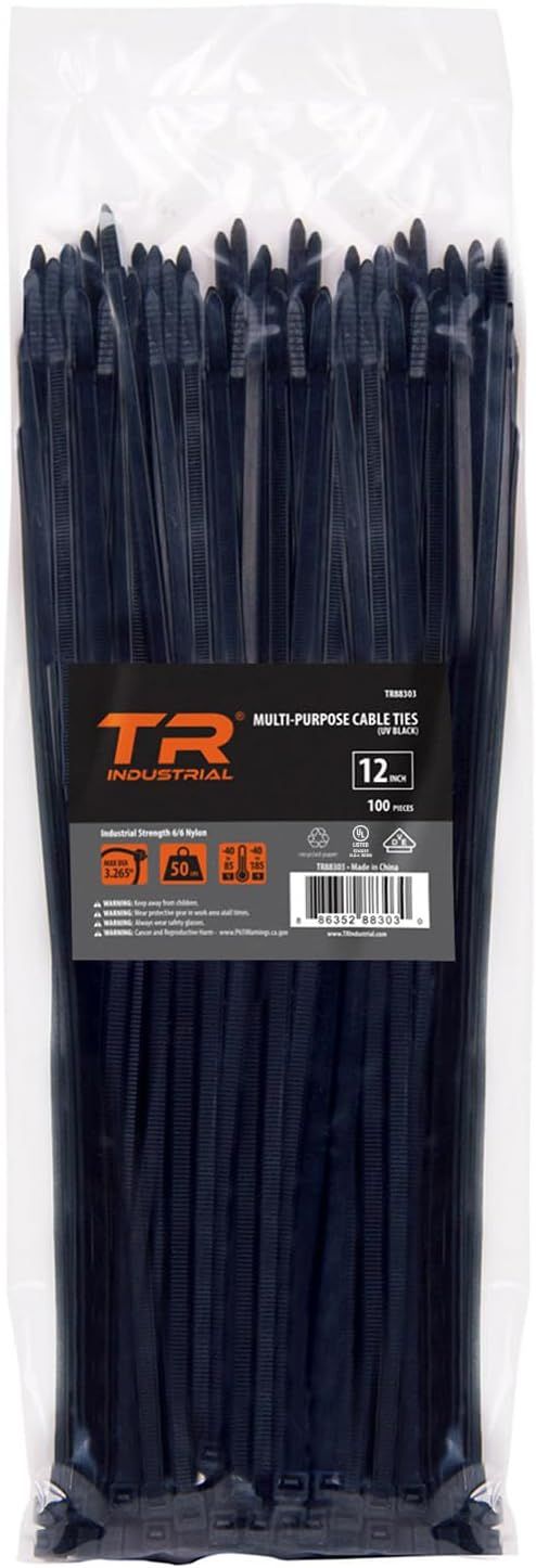 TR Industrial Multi-Purpose UV Resistant Black Cable Ties, 12 inches, 100 Pack | Amazon (US)