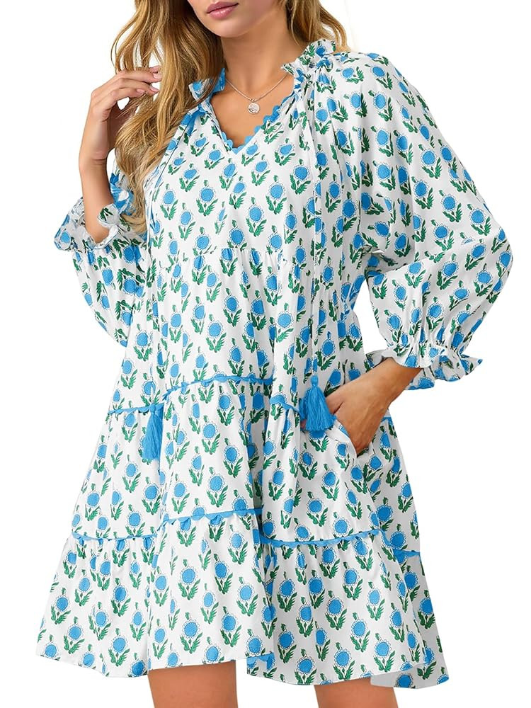 Wenrine Womens Casual Mini Dress Long Sleeve Floral Ruffle V Neck Fall Loose Boho Babydoll Dresse... | Amazon (US)