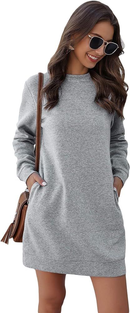 SweatyRocks Women's Casual Solid Long Sleeve Crew Neck Pocketed Tunic Sweatshirt Dress | Amazon (US)