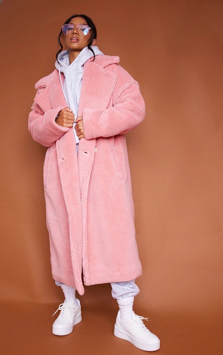 Petite Pink Teddy Bear Borg Coat | PrettyLittleThing US