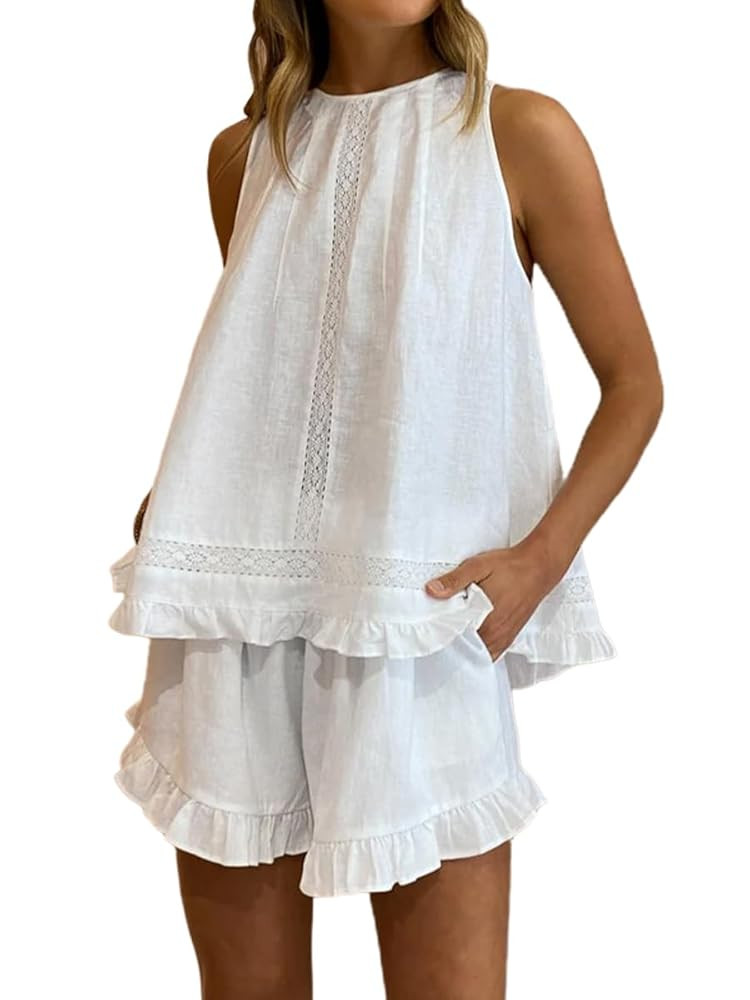 Womens Ruffle Short Set 2 Piece Outfits Fashion Summer Sleeveless Lace Trim Top and Shorts Cotton... | Amazon (US)