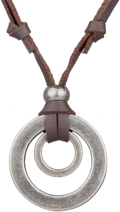 JczR.Y Leather Necklace for Men Double Circle Rings Leather Rope Pendant Necklace Punk Leather Ch... | Amazon (US)