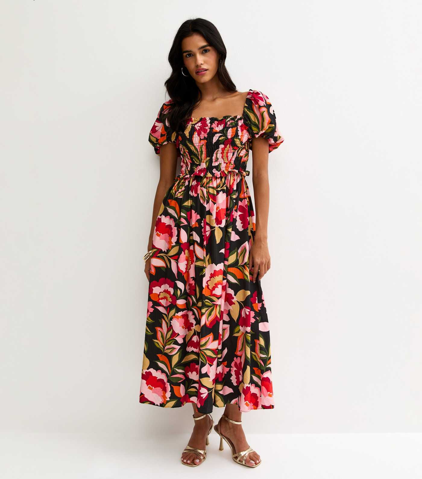 Black Floral Print Shirred Milkmaid Midi Dress | New Look | New Look (UK)